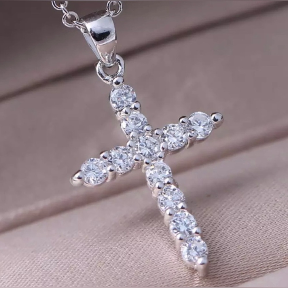 White Gold Plated Cross Diamond Pendant Necklace